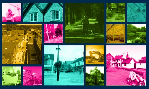 Collage of images of local spaces tinted in the council colours.