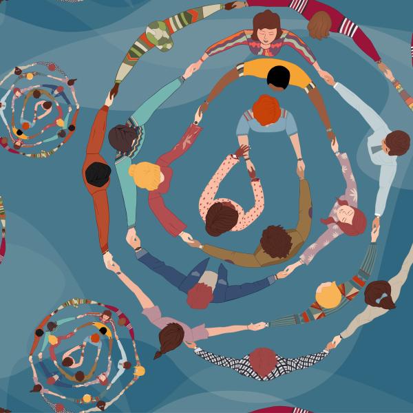 Illustration of groups of people holding hands in circles. 