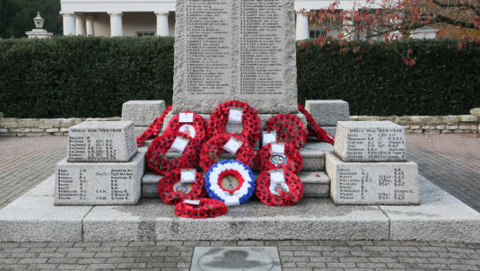 Wreaths of poppies at the Surrey Heath War Memorial.