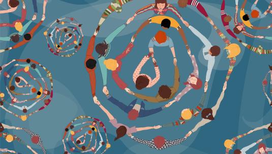 Illustration of groups of people holding hands in circles.