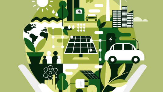 Stylised illustration of the globe filled with environmentally friendly imagery.