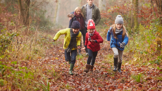 Family walking though woods