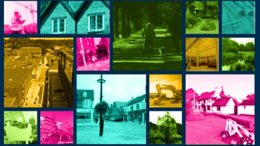 Collage of images of local spaces tinted in the council colours.