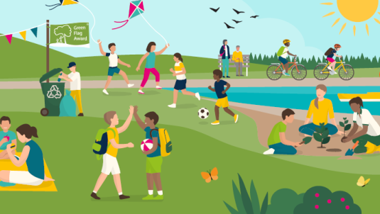 graphic of people doing summer activities in the countryside