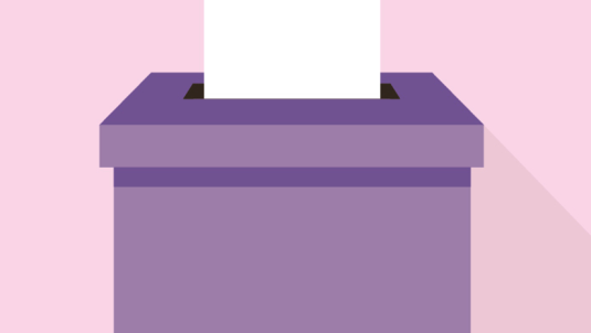 Light pink background, purple ballot box with white paper sticking out of the slot.