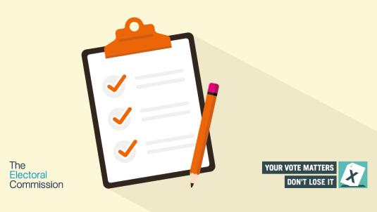 Illustration of a clipboard with tick boxes and pencil. The Electoral Commission logo bottom left. Wording 'Your Vote Matters. Don't Lose It' bottom right.