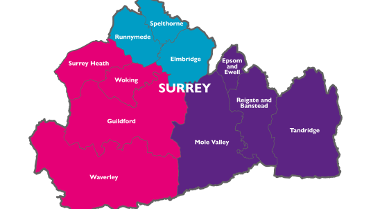 Map of Surrey split into three coloured sections to reflect proposed 3 unitary structure