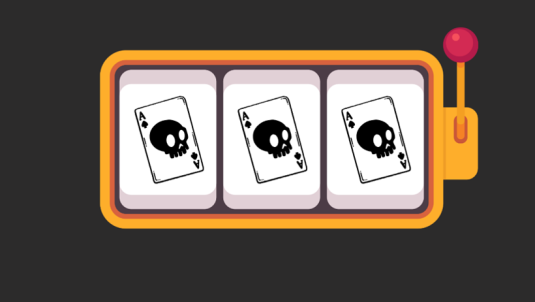 Black background, illustration of 'one arm bandit' gambling machine with three skull playing card images