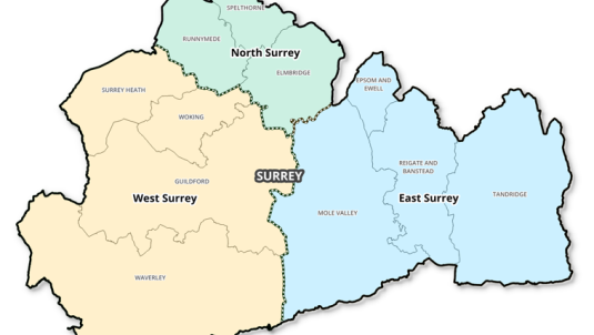 Map of Surrey split into three sections to reflect the proposed 3 unitary structure