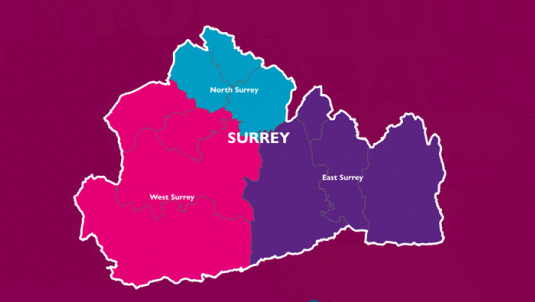 map of Surrey showing proposed 3 unitary areas