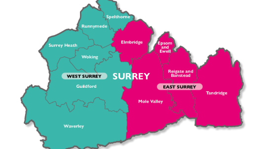 2 unitary map of Surrey - West Surrey and East Surrey.
