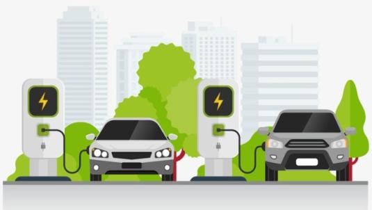 Illustration of 2 electric vehicles charging with trees and buildings in background