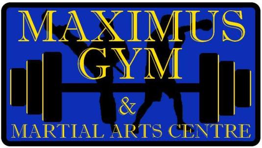 Blue logo with wording 'Maximus Gym & Martial Arts Centre' with dumbbell silhouette