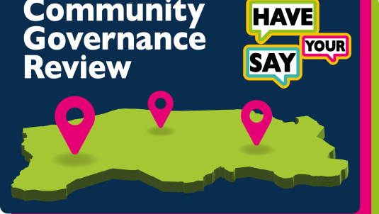 Map of Surrey Heath with wording: 'Community Governance Review. Have your Say'