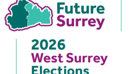 Map of Surrey split into 2 areas for West and East. Wording 'Future Surrey 2026 West Surrey Elections'