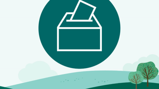 Ballot box graphic - dark green with light green background with hills and trees