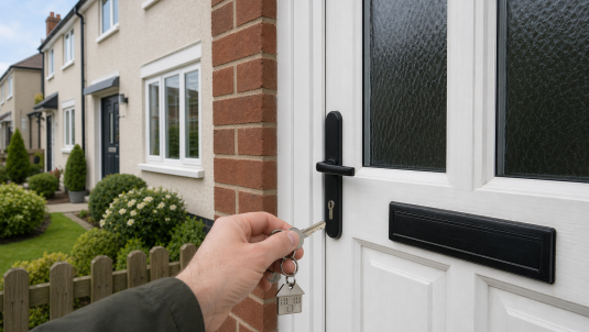 Hand putting key into lock on front door of house