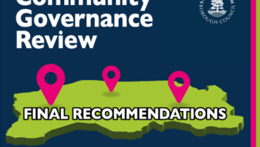 Wording 'Community Governance Review Final Recommendations' overlaid on map of Surrey Heath with SHBC logo top right