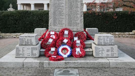 Camberley cenotaph with poppy wreaths laid