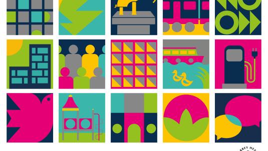Grid of brightly coloured boxes with different planning related icons