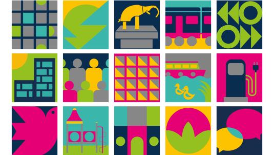 Grid of colourful icons and images representing aspects of planning in Surrey Heath