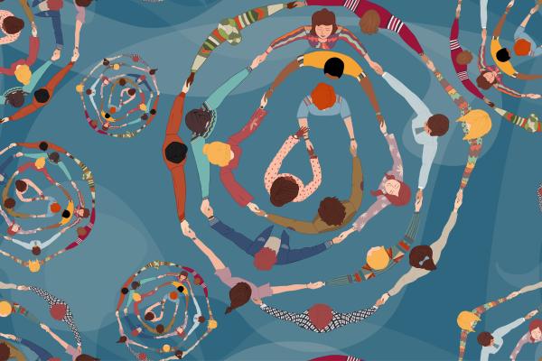 Illustration of groups of people holding hands in circles.