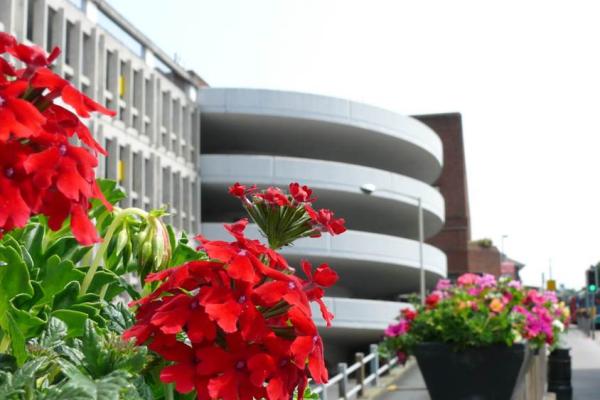 Main square car park with red flowers in foreground