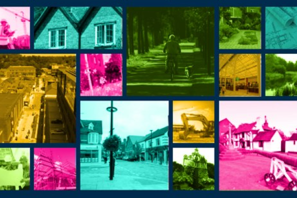 Collage of images of local spaces tinted in the council colours.