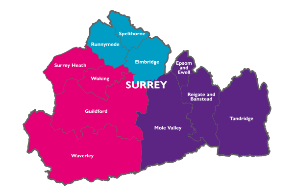 Map of Surrey split into three coloured sections to reflect proposed 3 unitary structure
