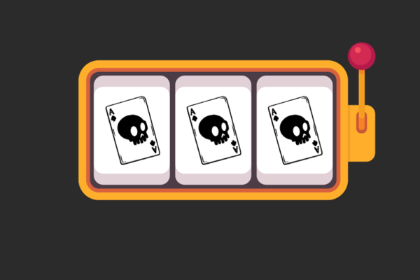 Black background, illustration of 'one arm bandit' gambling machine with three skull playing card images