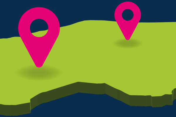 decorative map with 3 pink location pins