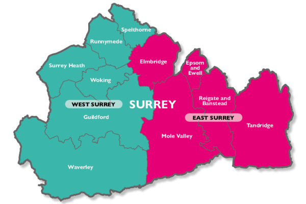 2 unitary map of Surrey - West Surrey and East Surrey.