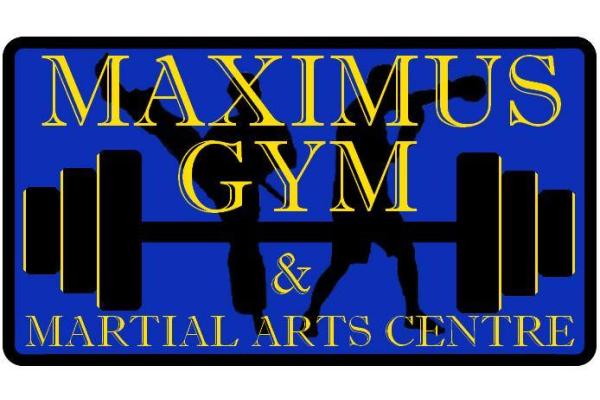 Blue logo with wording 'Maximus Gym & Martial Arts Centre' with dumbbell silhouette