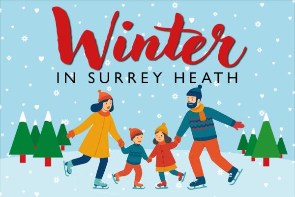 Winter in Surrey Heath logo and family ice skating in front of a snowy blue background