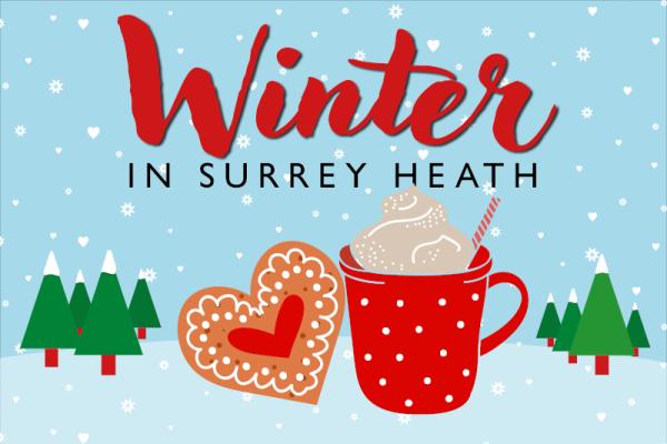 Winter in Surrey Heath logo, hot drink and biscuit in front of a blue, snowy background