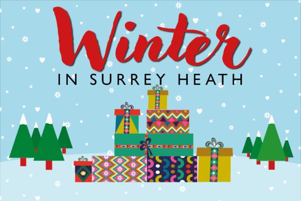 Winter in Surrey Heath logo gifts in front of a snowy blue background