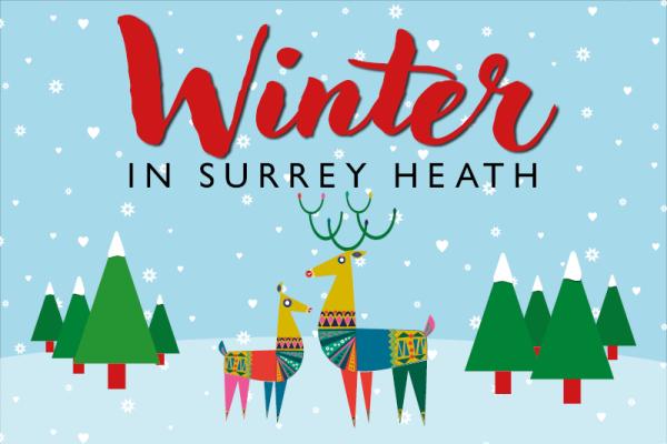 winter in Surrey Heath logo, reindeers and trees in front of a blue, snowy background