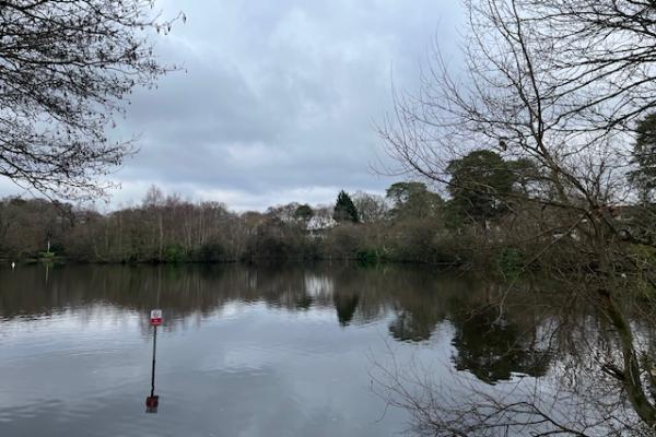 Tomlins Pond view with No Fishing sign in foreground