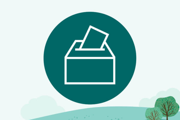 Ballot box graphic - dark green with light green background with hills and trees