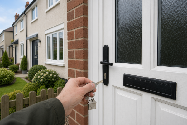 Hand putting key into lock on front door of house