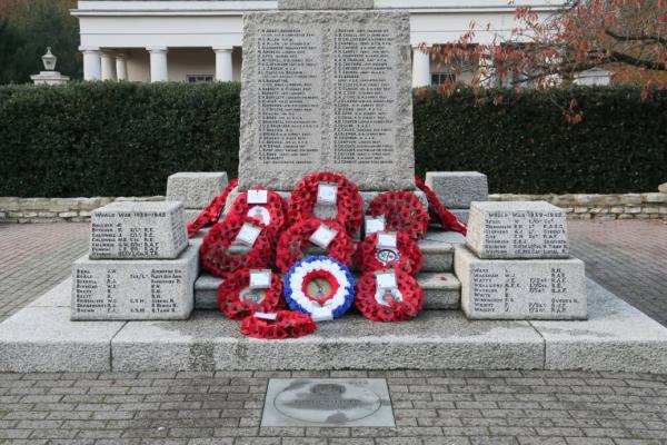 Camberley cenotaph with poppy wreaths laid