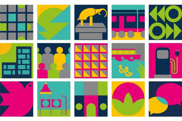 Grid of colourful icons and images representing aspects of planning in Surrey Heath