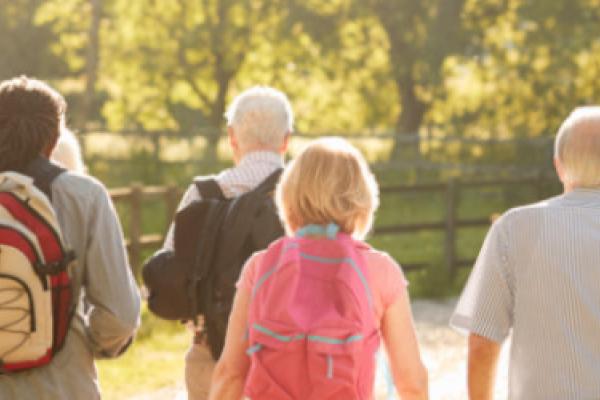 [A group of people walking along a country lane. The Walking for Health logo is in the bottom right]