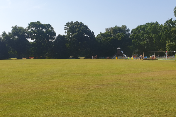 Large field at Frimley Lodge Park with view of playground
