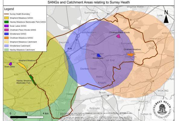 Map of SANGS and Catchment Areas in relation to Surrey Heath