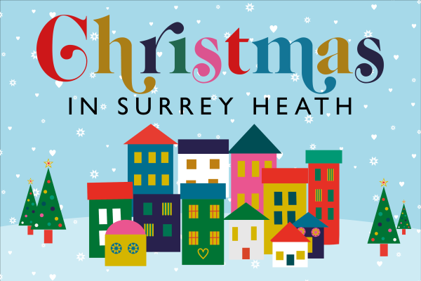 Christmas in Surrey Heath logo with different coloured buildings and Christmas trees