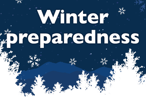 Winter preparedness on a dark blue background with white snowflakes