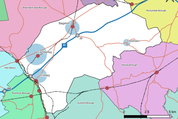 Map of administrative area of Surrey Heath Borough