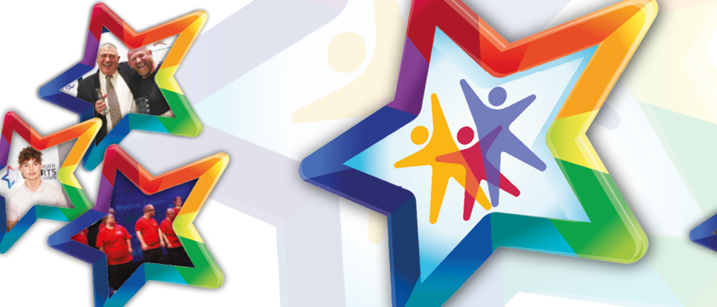 Multicoloured stars taken from the sports awards logo with photos of previous winners inside them