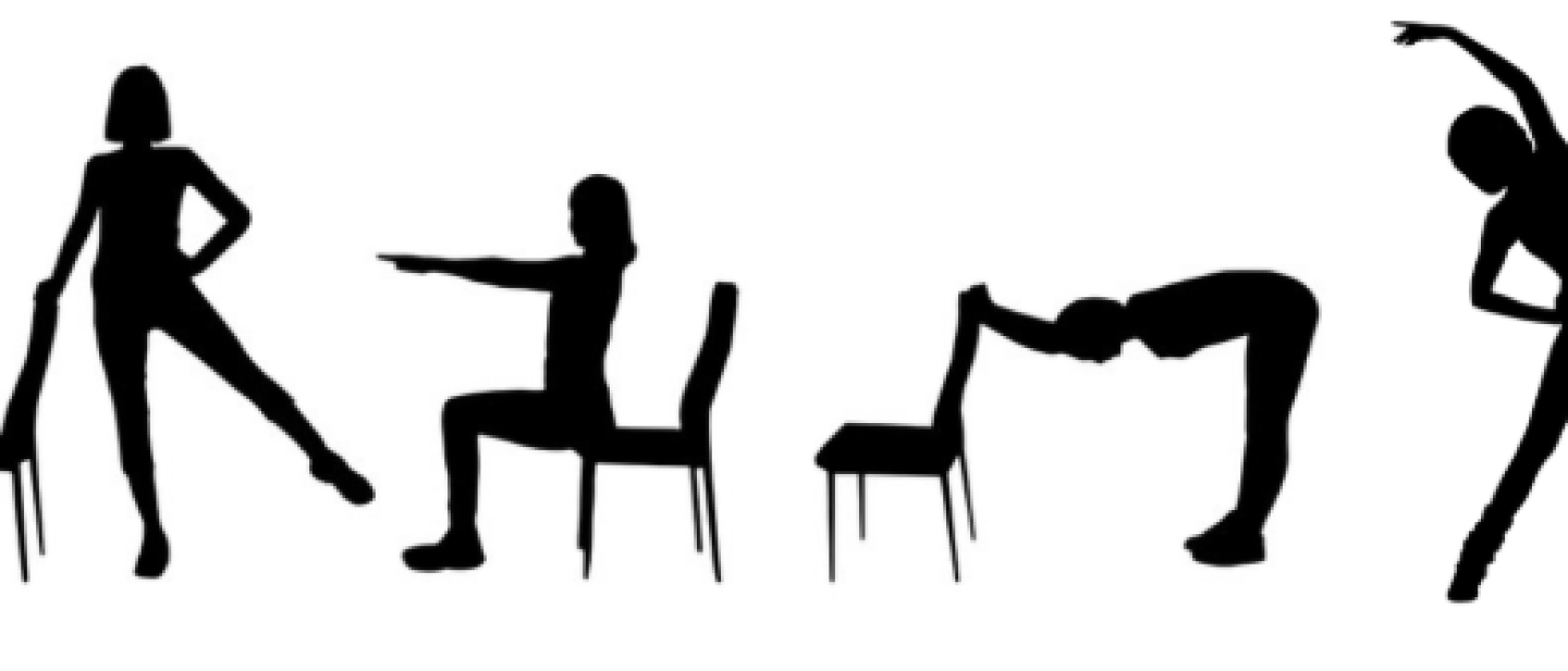 group of people stretching and balancing using a chair.